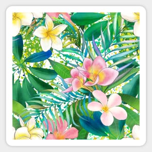 Summer tropical Plumeria flowers, palm leaves watercolor botanical illustration. Colorful Paradise floral composition. Vibrant jungle print. Sticker